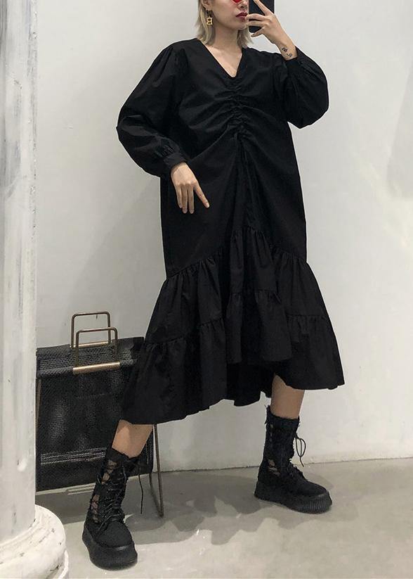 Bohemian black cotton clothes For Women Ruffles Cinched Plus Size v neck Dress - SooLinen