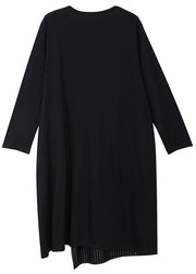 Bohemian black cotton tunic top asymmetric cotton prints tassel Dress - SooLinen
