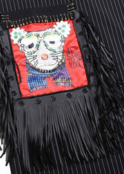 Bohemian black cotton tunic top asymmetric cotton prints tassel Dress - SooLinen