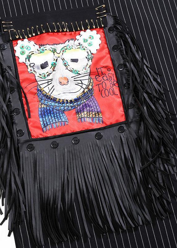 Bohemian black cotton tunic top asymmetric cotton prints tassel Dress - SooLinen