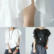 Bohemian black linen tops women o neck ruffles sleeve blouses - SooLinen