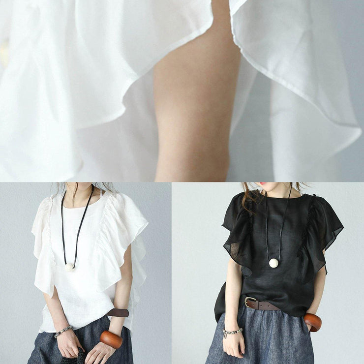 Bohemian black linen tops women o neck ruffles sleeve blouses - SooLinen