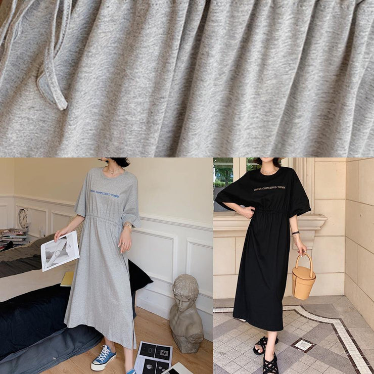 Bohemian black o neck cotton Long Shirts drawstring A Line summer Dress - SooLinen
