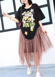 Bohemian black patchwork clothes asymmetric hem Maxi summer Dress - SooLinen