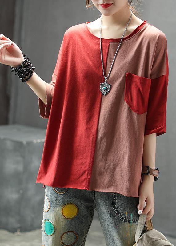 Bohemian cotton tops women stylish Single Pocket Color Matching Casual Blouse - SooLinen