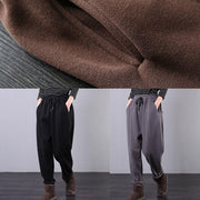 Bohemian fall plus size black Fabrics drawstring pockets pant - SooLinen