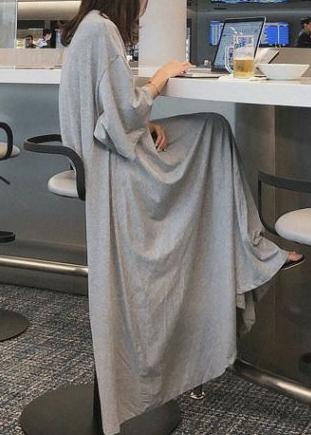 Bohemian gray cotton dresses o neck exra large hem long Dress - SooLinen