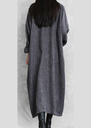 Bohemian gray linen clothes For Women stand collar asymmetric loose Dresses - SooLinen