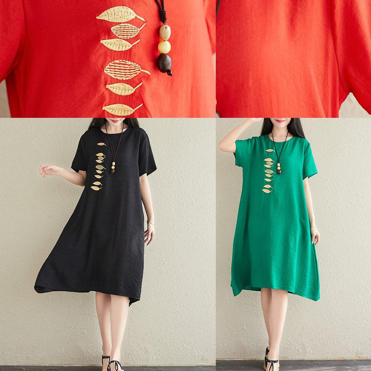 Bohemian green cotton linen clothes o neck embroidery tunic summer Dress - SooLinen