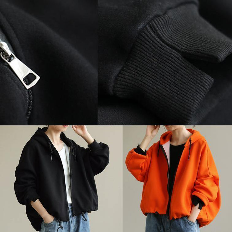 Bohemian hooded zippered tops women Neckline orange shirt - SooLinen