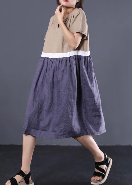 Bohemian khaki v neck linen clothes patchwork color long summer Dress - SooLinen
