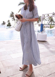 Bohemian lapel tunic cotton linen Robes Shirts striped Dresses - SooLinen