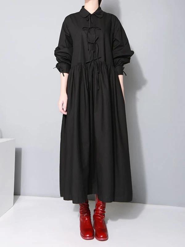 Bohemian lapel Cinched cotton spring outfit linen black A Line Dresses - SooLinen