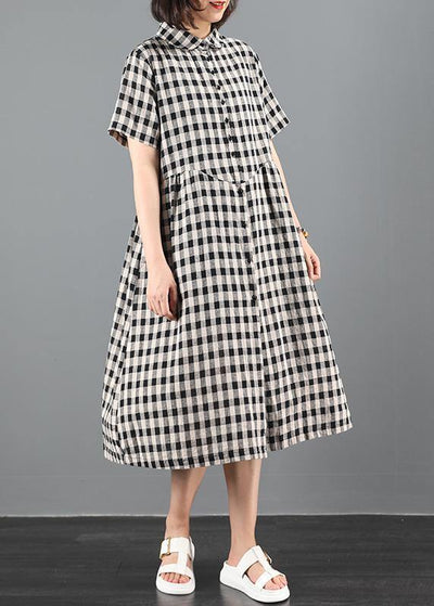 Bohemian lapel Cinched summer dress Work black plaid Maxi Dresses - SooLinen