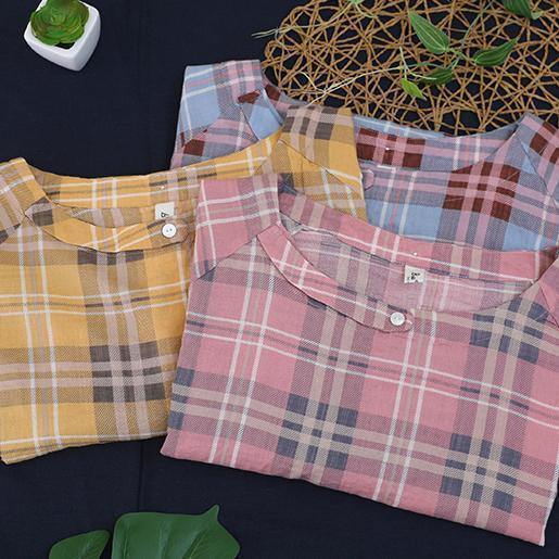 Bohemian o neck Button Down cotton summer tops women Sewing blue plaid blouses - SooLinen