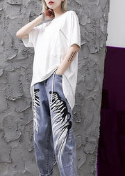 Bohemian o neck asymmetric tunic top Shape white shirts - SooLinen