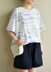 Bohemian o neck half sleeve summer shirts Wardrobes white striped top - SooLinen