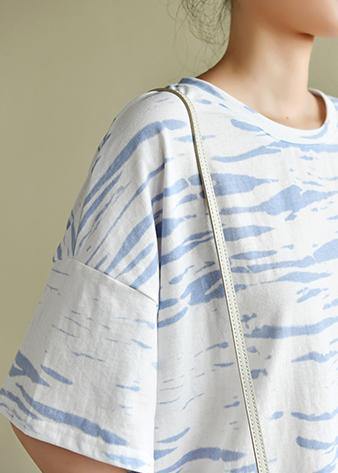 Bohemian o neck half sleeve summer shirts Wardrobes white striped top - SooLinen