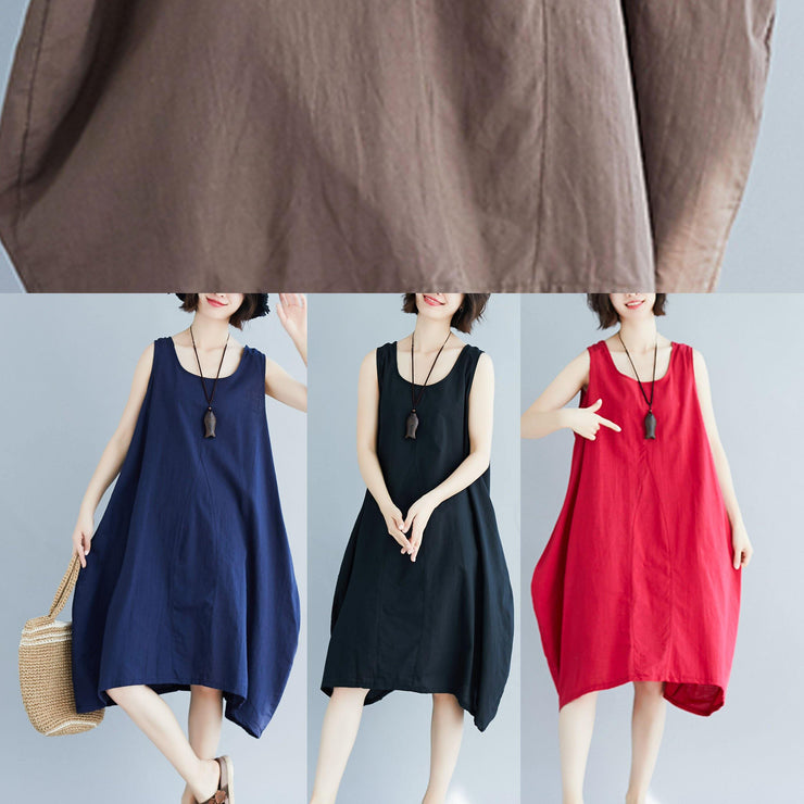 Bohemian o neck linen quilting dresses Fashion Ideas khaki sleeveless Dress summer - SooLinen