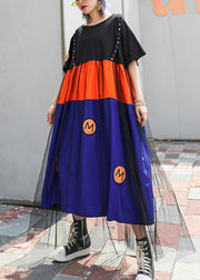 Bohemian o neck patchwork tulle cotton clothes For Women blue Dresses summer - SooLinen