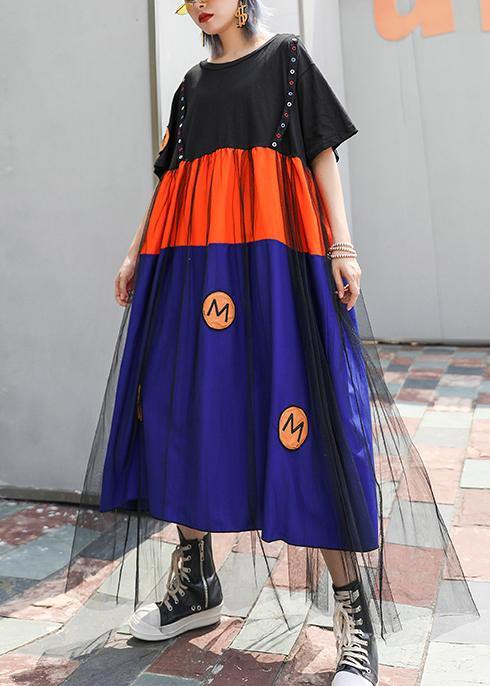 Bohemian o neck patchwork tulle cotton clothes For Women blue Dresses summer - SooLinen