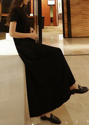 Bohemian o neck pockets cotton summer Tunic Neckline black Maxi Dress - SooLinen