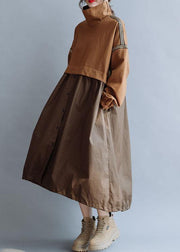 Bohemian patchwork high neck cotton clothes Women Work Outfits brown Traveling Dresses fall - SooLinen