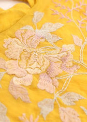 Bohemian stand collar linen clothes For Women yellow embroidery Dresses - SooLinen