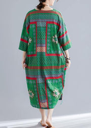 Bohemian v neck side open cotton Women pattern green print Maxi Dresses summer - SooLinen