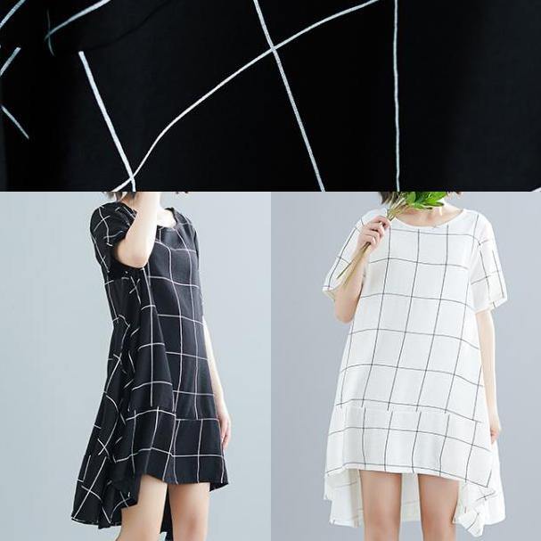 Bohemian white Cotton outfit Vintage Tunic Tops plaid baggy summer Dresses - SooLinen