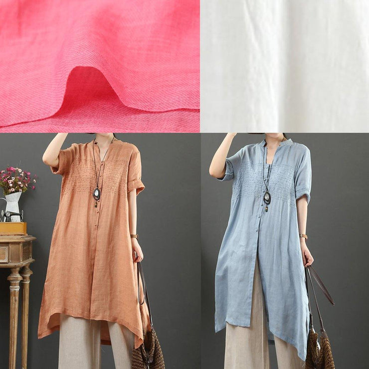 Bohemian white linen crane tops v neck tunic summer blouses - SooLinen