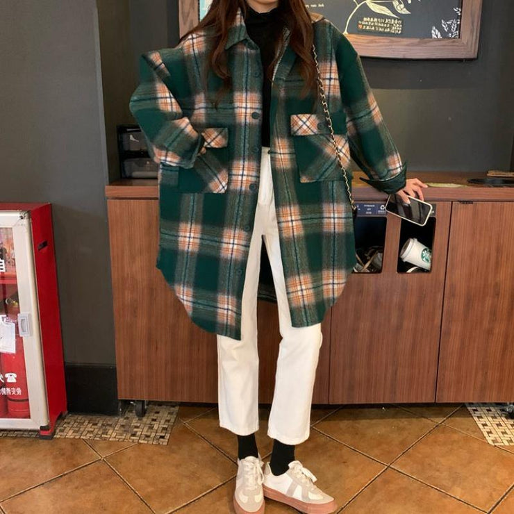 Bohemian Lapel Pockets Spring Shirts Green Plaid Top - SooLinen