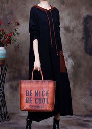 Boho schwarzes Kapuzenwoll-Sweatshirt-Kleid Winter