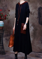 Boho schwarzes Kapuzenwoll-Sweatshirt-Kleid Winter