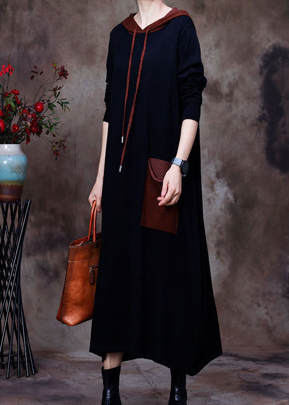 Boho schwarzes Kapuzenwoll-Sweatshirt-Kleid Winter