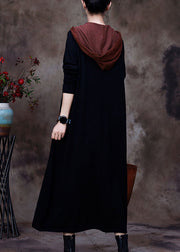 Boho schwarzes Kapuzenwoll-Sweatshirt-Kleid Winter