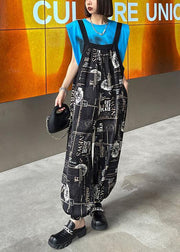 Boho Black Print Pockets carpenter pants Pants - SooLinen