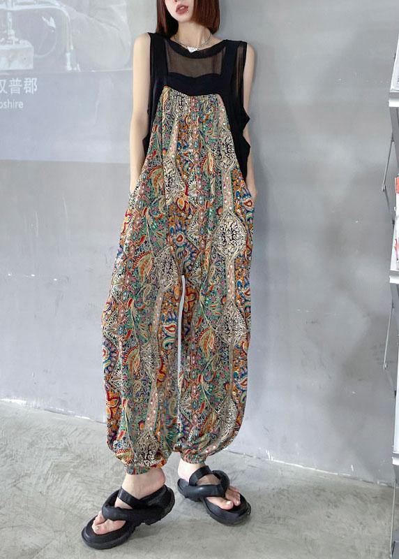 Boho Black Print Pockets carpenter pants Pants - SooLinen