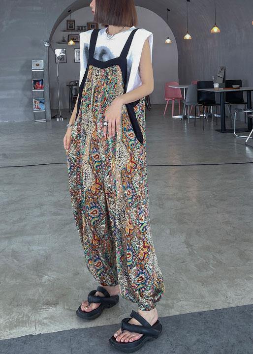 Boho Black Print Pockets carpenter pants Pants - SooLinen
