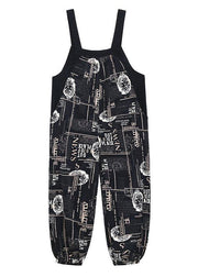 Boho Black Print Pockets carpenter pants Pants - SooLinen