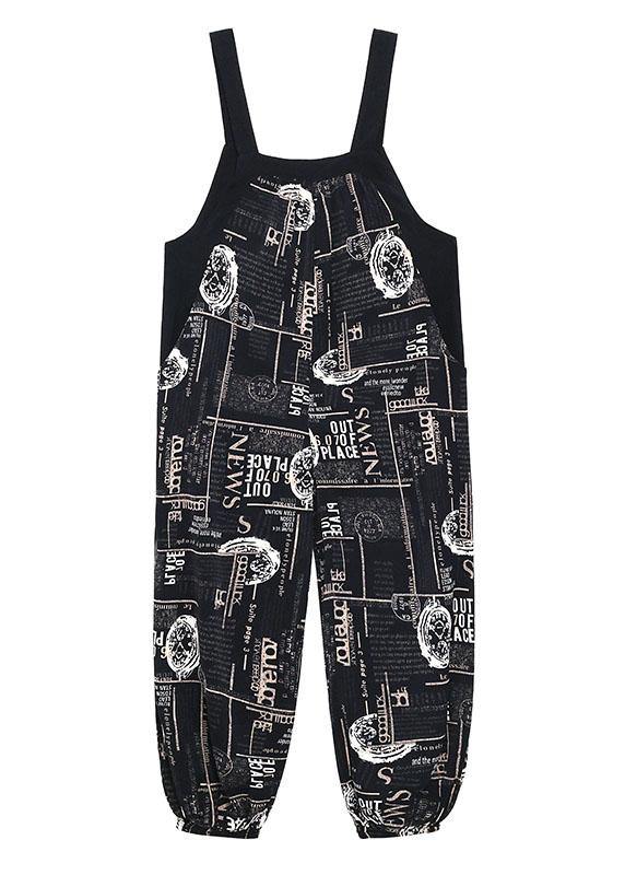 Boho Black Print Pockets carpenter pants Pants - SooLinen