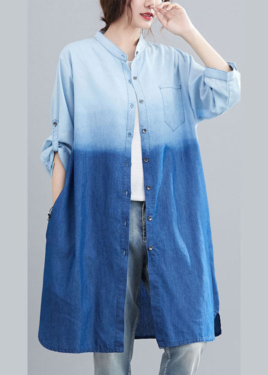 Boho Blau Taschen Knopf Farbverlauf Herbst Denim Trench Langarm