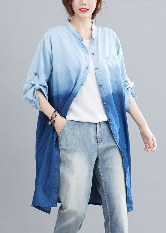 Boho Blau Taschen Knopf Farbverlauf Herbst Denim Trench Langarm