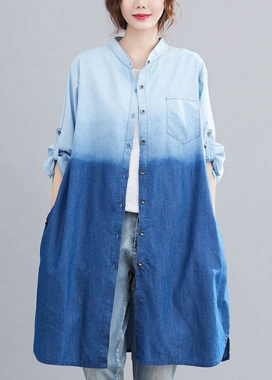 Boho Blau Taschen Knopf Farbverlauf Herbst Denim Trench Langarm