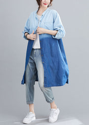 Boho Blau Taschen Knopf Farbverlauf Herbst Denim Trench Langarm