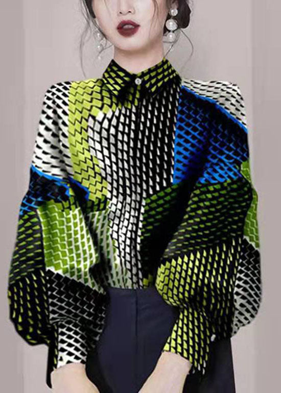 Boho Colorblock Knopf Bubikragen Print Blusen Laternenärmel