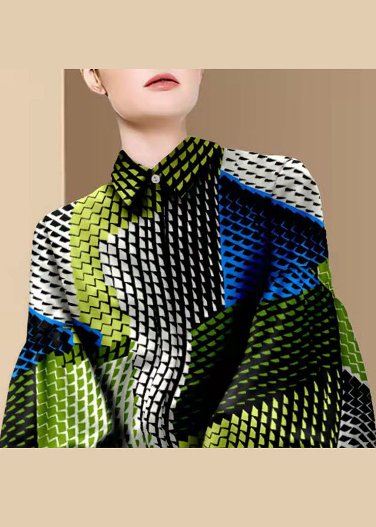 Boho Colorblock Knopf Bubikragen Print Blusen Laternenärmel