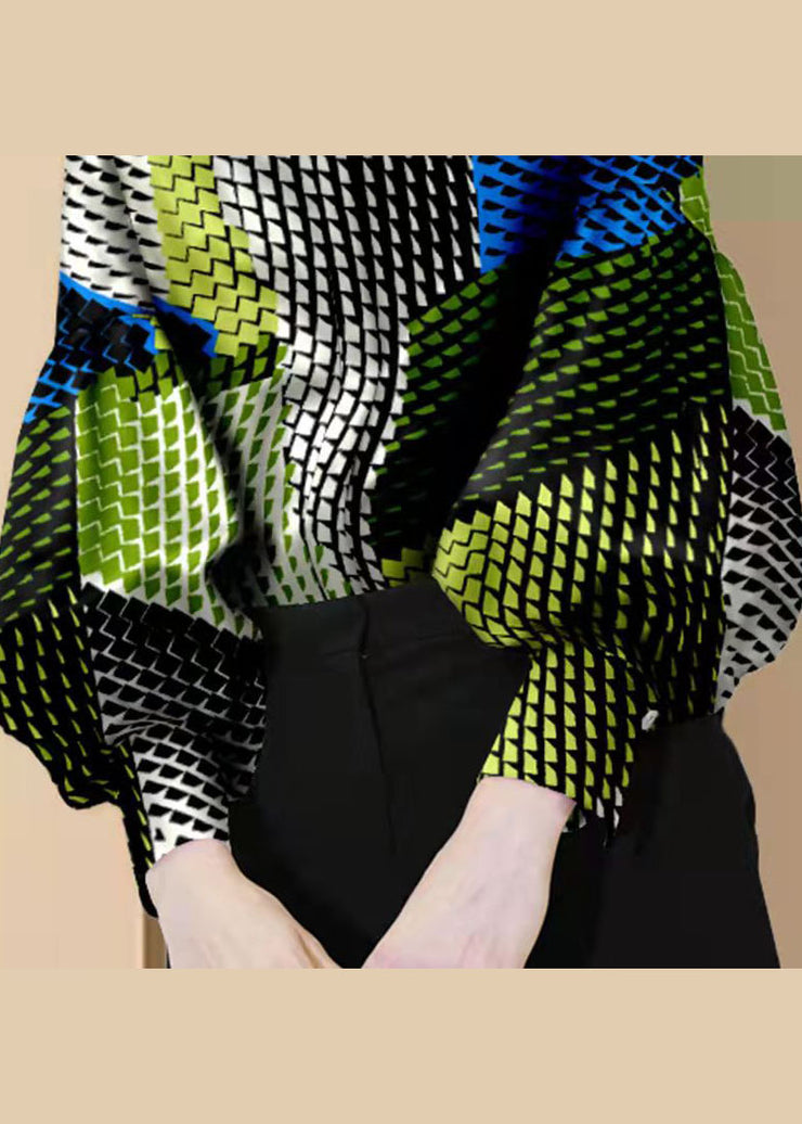 Boho Colorblock Knopf Bubikragen Print Blusen Laternenärmel