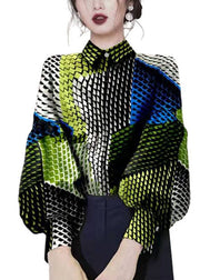 Boho Colorblock Knopf Bubikragen Print Blusen Laternenärmel