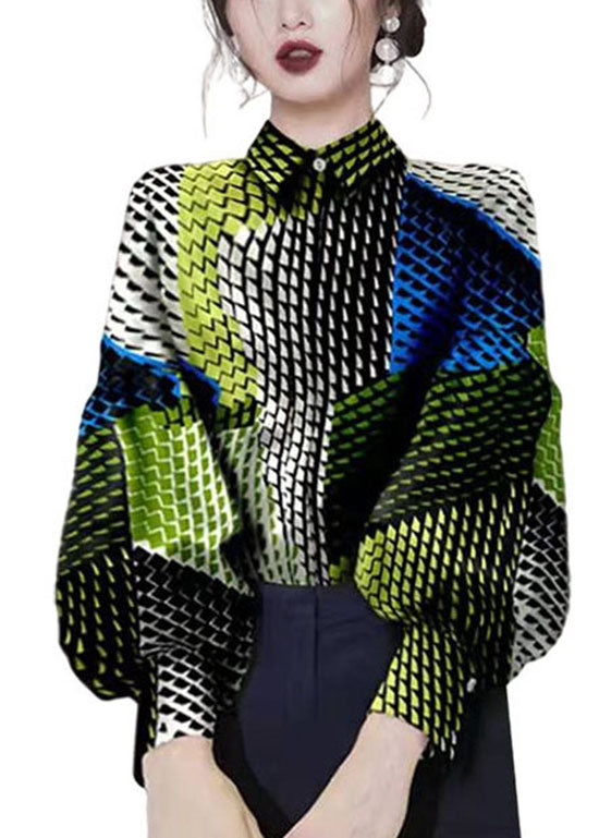 Boho Colorblock Knopf Bubikragen Print Blusen Laternenärmel